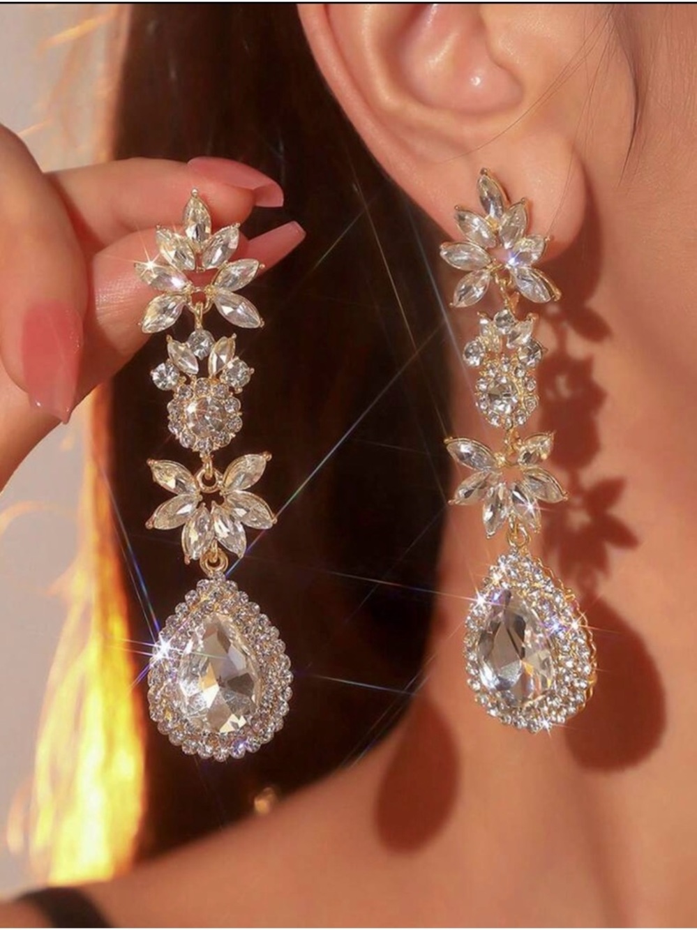 Crystal Teardrop Floral Drop Earrings - Gold Tone